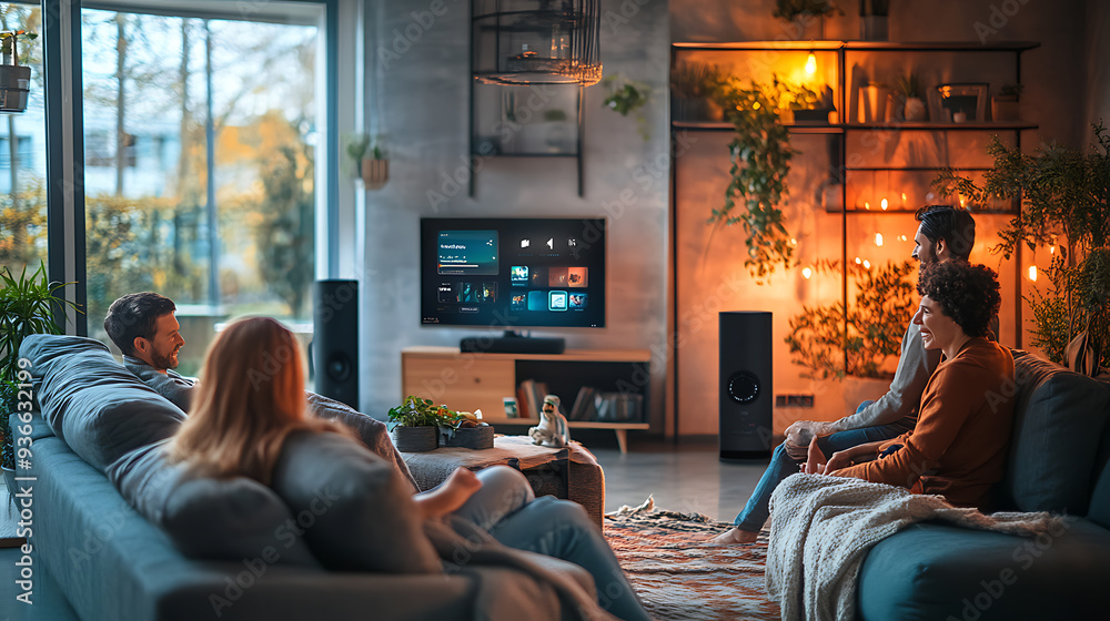 Friends Enjoying Movie Night in Cozy Living Room Setting Friends Enjoying Movie Night in Cozy Living Room Setting