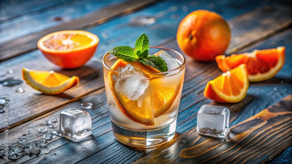 Refreshing summer drink served over ice in a clear glass, garnished with a vibrant orange wedge, evoking feelings of freshness and laid-back enjoyment. Refreshing summer drink served over ice in a clear glass, garnished with a vibrant orange wedge, evoking feelings of freshness and laid-back enjoyment.