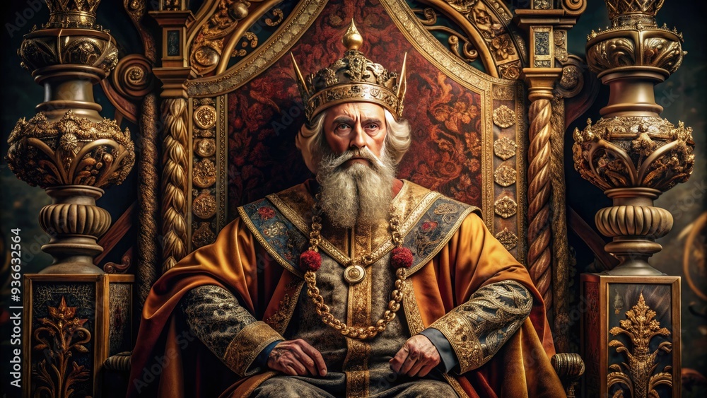 Obraz premium Regal monarch with flowing beard and ornate crown sits on throne, surrounded by lavish tapestries and ornamental symbols of power and authority in ancient kingdom.