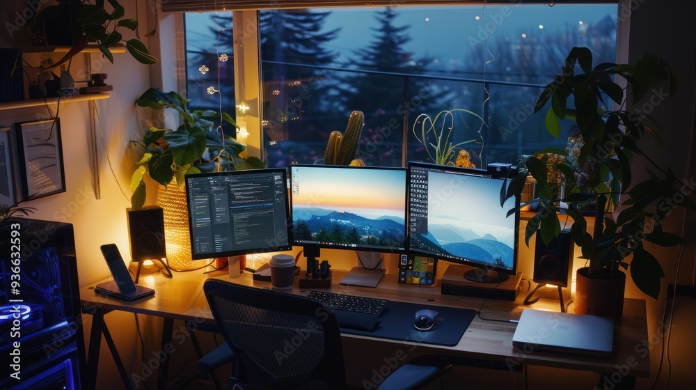 Fototapeta premium Cozy Home Office with City View