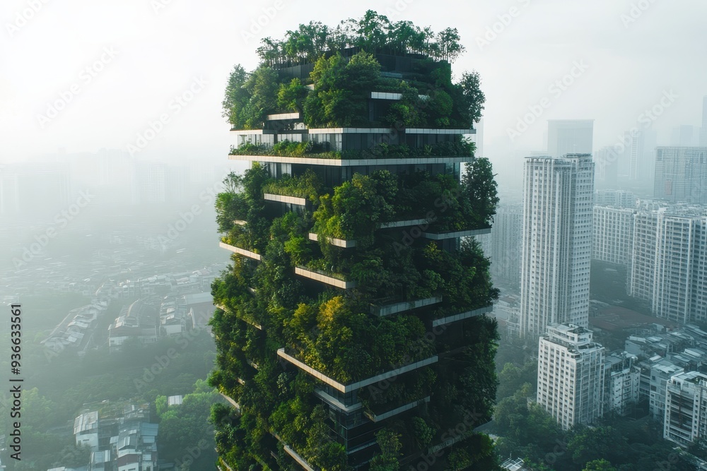 Obraz premium Aerial view of a green skyscraper surrounded by urban landscape and misty skyline in the morning