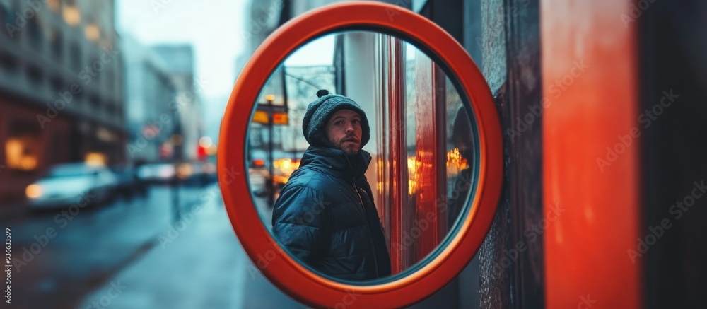 A Man Reflecting in a Circular Mirror on a City Street A Man Reflecting in a Circular Mirror on a City Street