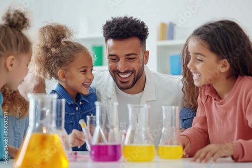 A cheerful science activity in a classroom involving children and a teacher with colorful liquids