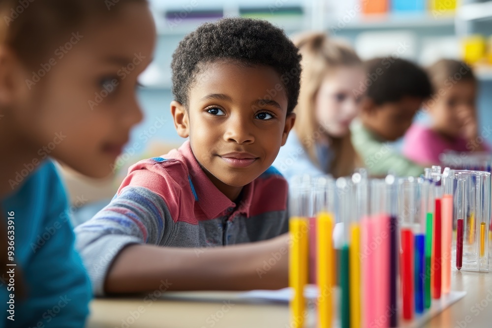 Children engaging in a collaborative science activity in a bright classroom setting during the day Children engaging in a collaborative science activity in a bright classroom setting during the day