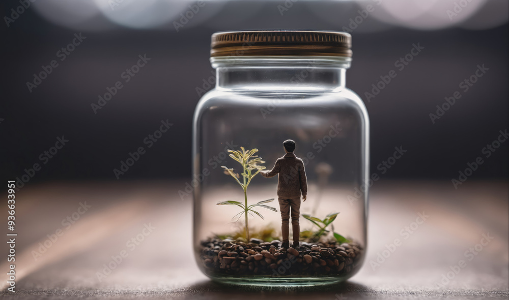 A miniature figurine of a person stands next to a small plant inside a glass jar, creating a sense of confinement and isolation