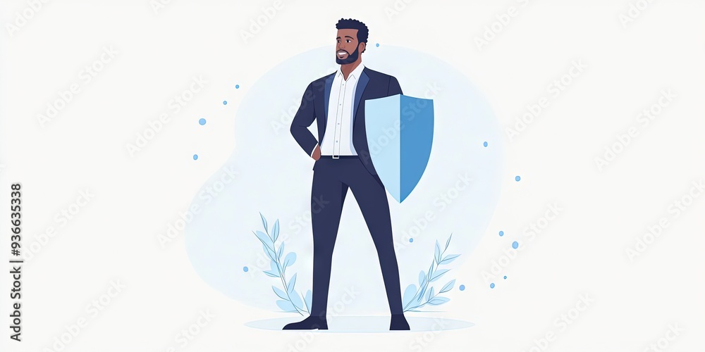 vector illustration, show a black businessman standing holding a shield for insurance concept vector illustration, show a black businessman standing holding a shield for insurance concept