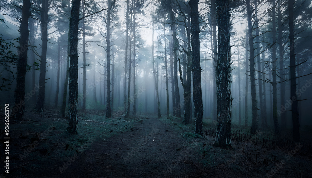 Obraz premium Mysterious fog-covered forest path surrounded by tall pine trees at dawn in a serene landscape