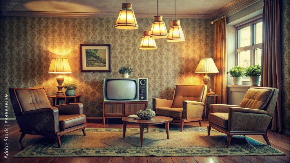 Retro living room with old-fashioned decoration, featuring a bulky vintage TV set showing static, surrounded by worn-out armchairs and outdated lamps. Retro living room with old-fashioned decoration, featuring a bulky vintage TV set showing static, surrounded by worn-out armchairs and outdated lamps.