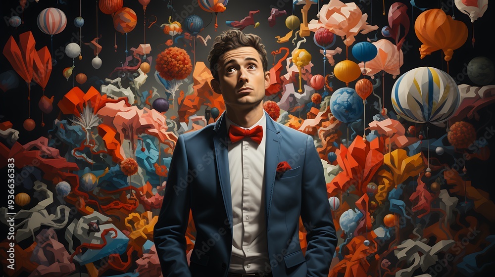 A whimsically dressed individual with a puzzled expression, surrounded by floating question marks against a quirky patterned background A whimsically dressed individual with a puzzled expression, surrounded by floating question marks against a quirky patterned background