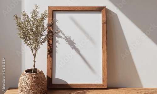A wooden frame with a white background sits on a table next to a plant