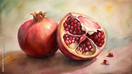 Pomegranate Split Open with Seeds Exposed in Artistic Watercolor Style