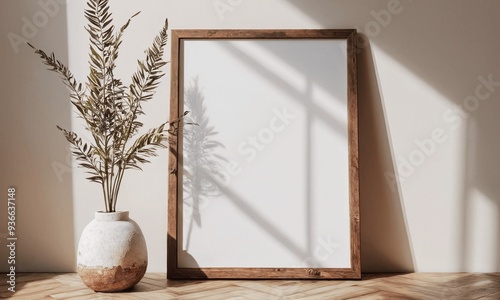 A white framed picture sits on a wooden table next to a vase