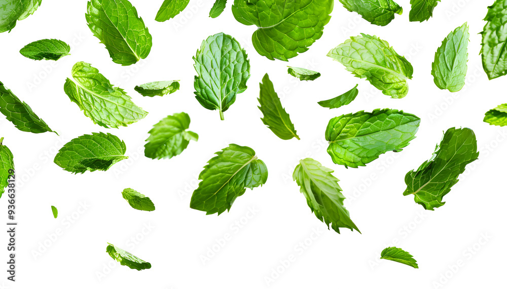 Fresh mint leaves, falling peppermint foliage isolated on white background with clipping path Fresh mint leaves, falling peppermint foliage isolated on white background with clipping path
