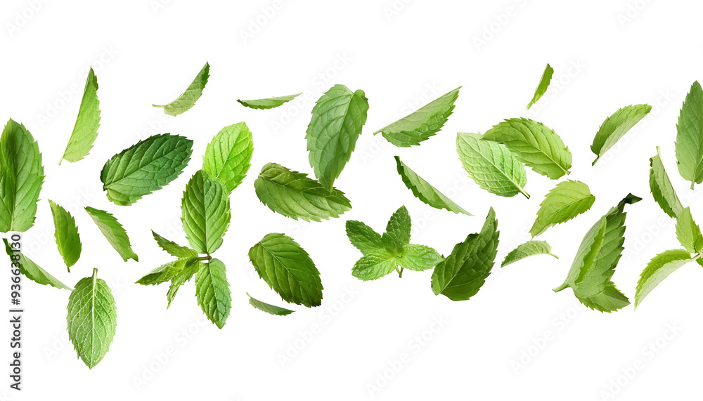 Fresh mint leaves, falling peppermint foliage isolated on white background with clipping path Fresh mint leaves, falling peppermint foliage isolated on white background with clipping path