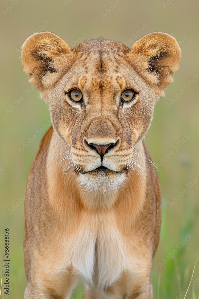 Obraz premium A beautiful lioness stands gracefully in the savannah, illuminated by the warm tones of the setting sun. Lioness in a wild landscape and golden light highlight natural strength and elegance.
