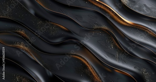 A textured abstract design featuring flowing black waves with hints of gold, evoking a sense of depth and sophistication.