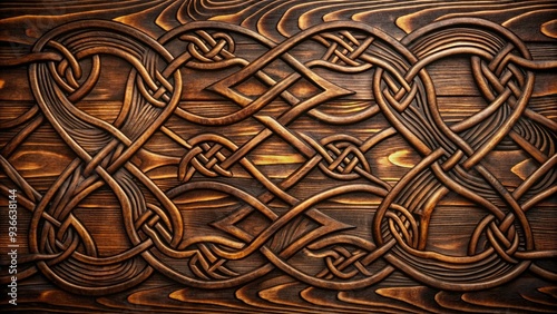 Rich, dark brown wood texture featuring intricate patterns and knots, creating a warm, organic, and abstract background with varying shades of brown and beige tones. photo