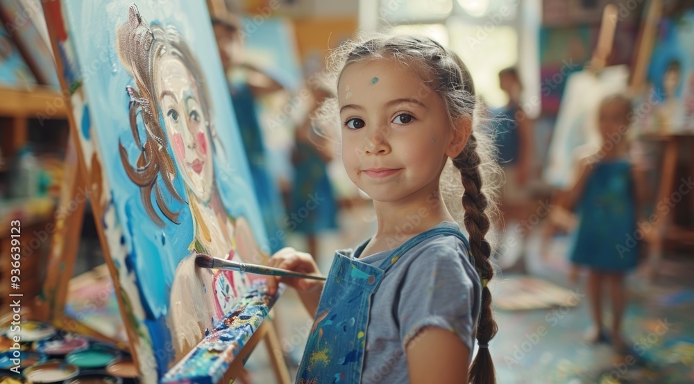 Obraz premium Young girls happily painting on canvas during an art class, showcasing their creativity and enjoying the activity.