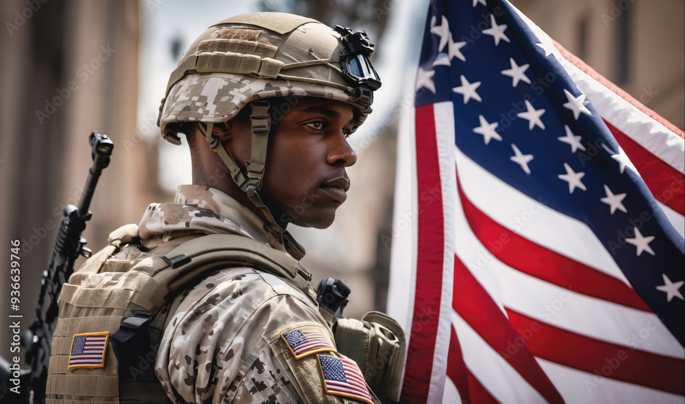 A soldier stands in front of an American flag A soldier stands in front of an American flag