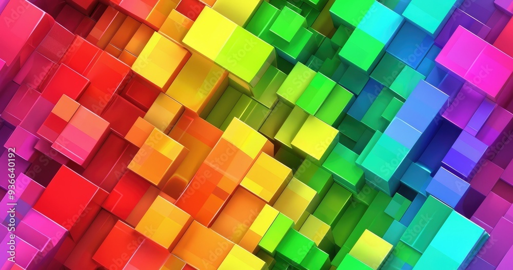 A vibrant abstract composition of colorful 3D cubes arranged in a dynamic pattern, showcasing a spectrum of colors.