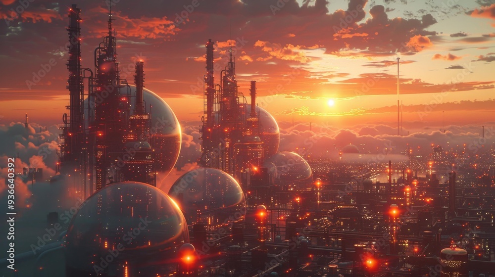 Fototapeta premium Futuristic industrial cityscape at sunset - generative ai