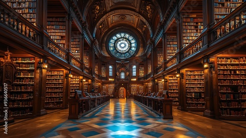 Vast library designed as a labyrinth where each twist and turn reveals new knowledge representing the search for truth photo