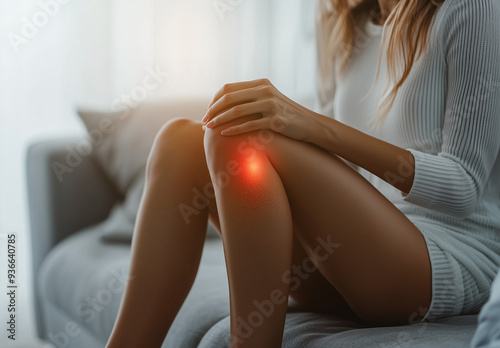 woman grabbing knee, area with pain highlighted in red. knee pain from ACL, meniscus or iliotibial band (ITB) problems. 