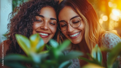 Two friends smiling together in a cozy living room with natural sunlight filt...