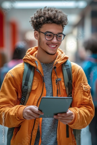 Student in orange jacket using a tablet in a school hallway during daytime