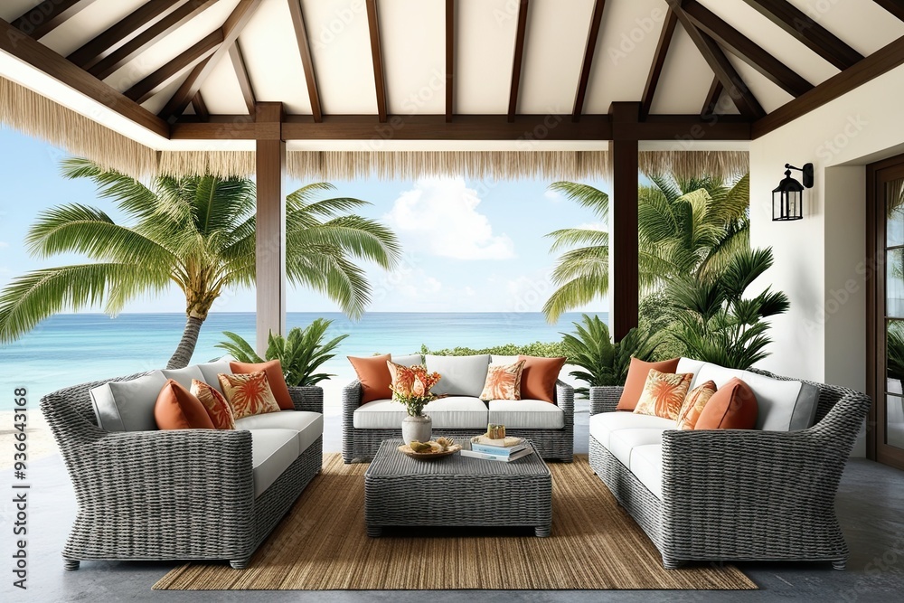 Tropical Coastal Villa Interior Mockup Featuring Airy Design and Wicker Furniture Tropical Coastal Villa Interior Mockup Featuring Airy Design and Wicker Furniture