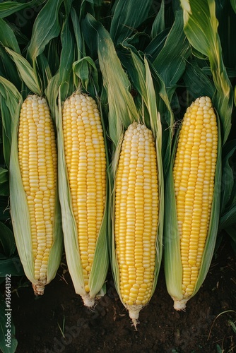Freshly harvested corn ears arranged with green husks on a wooden surface