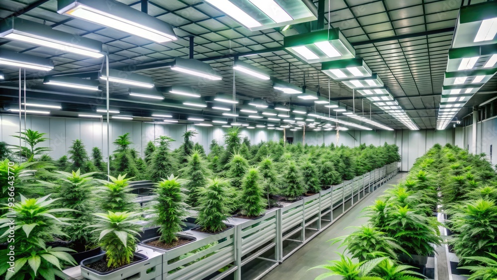 Rows of lush green cannabis plants thrive under bright LED grow lights in a modern, climate-controlled indoor facility with white walls and metal equipment. Rows of lush green cannabis plants thrive under bright LED grow lights in a modern, climate-controlled indoor facility with white walls and metal equipment.