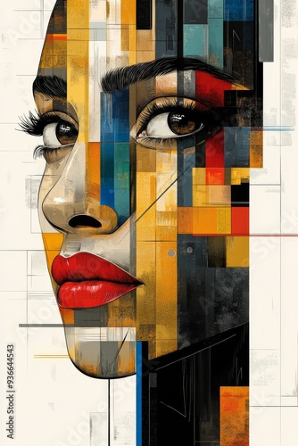 Bold abstract portrait featuring vibrant colors and geometric patterns