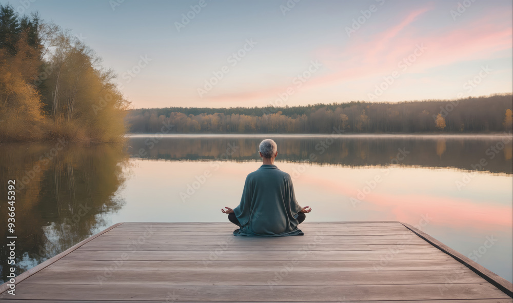A woman meditates on a wooden dock at sunrise A woman meditates on a wooden dock at sunrise