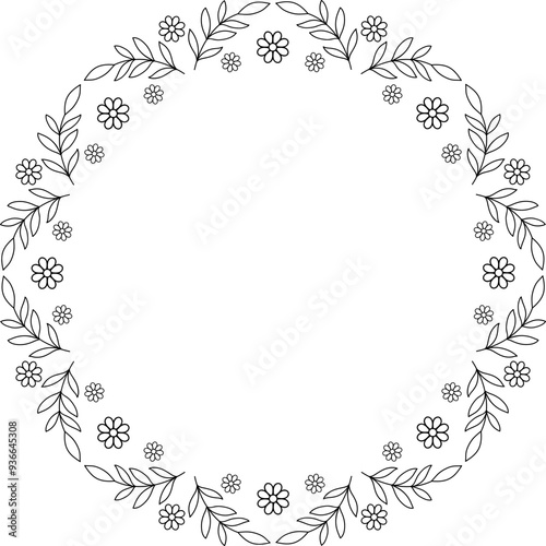 Black linear flower motifs round frame. Isolated frame border. Copy space blossomy lace