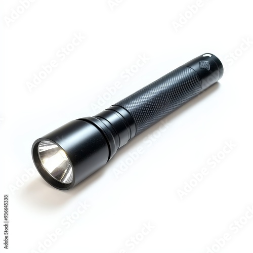 A black flashlight with a white light