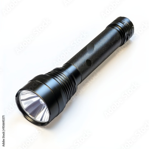 A black flashlight with a white light