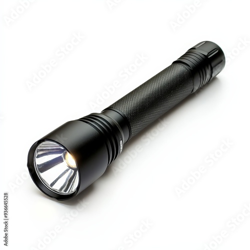 A black and white flashlight with a white light