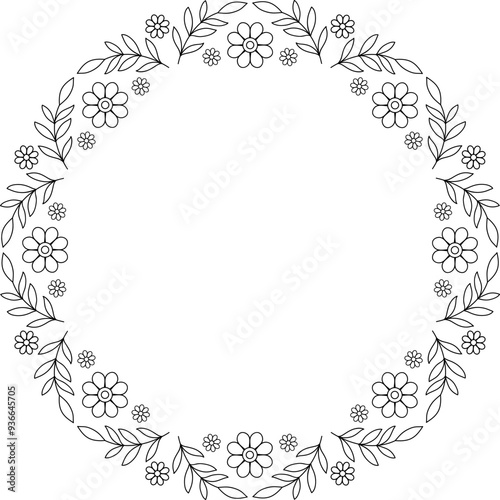 Photos Black linear flowers round frame