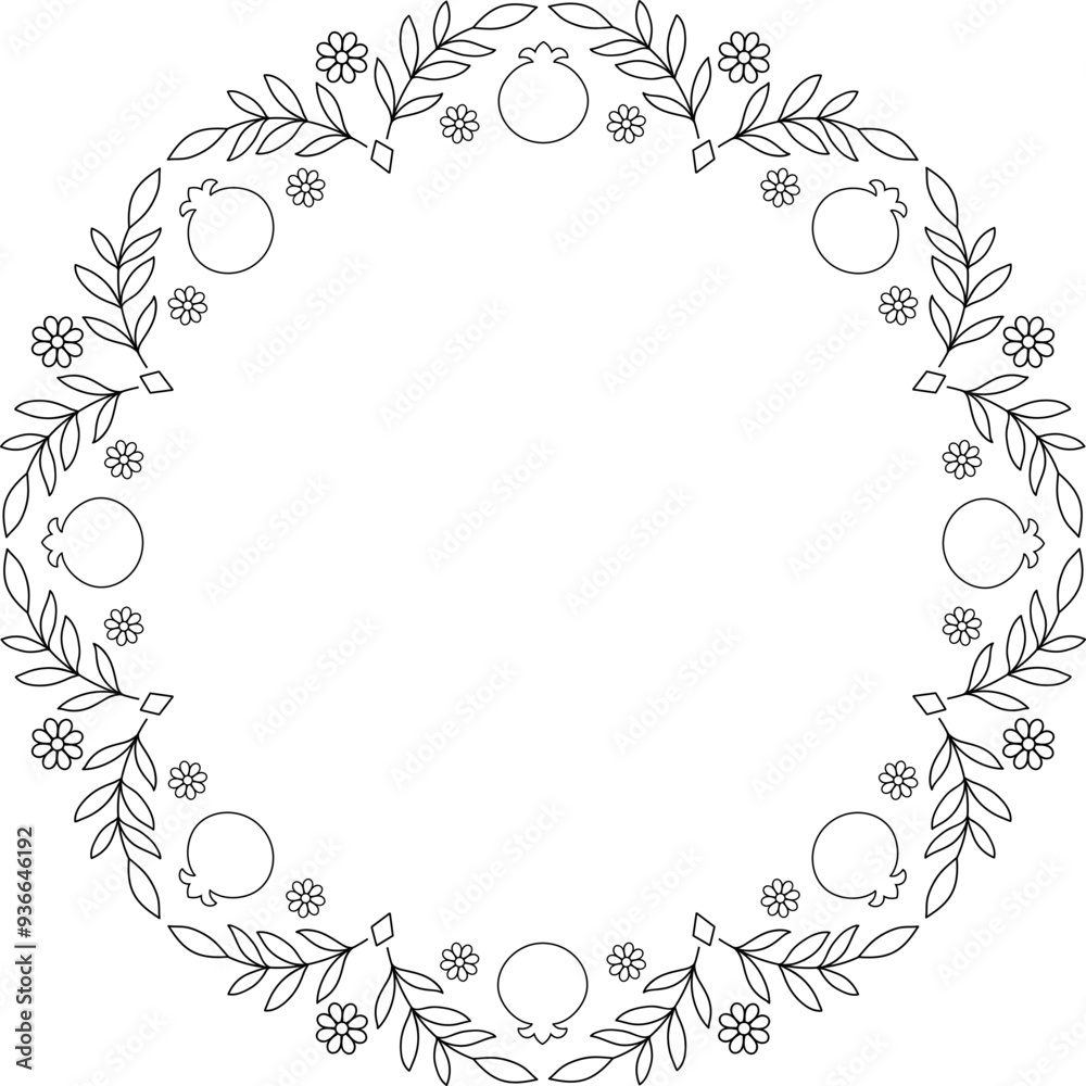 Black outline floral and pomegranate elements round frame. Isolated lace border. Copy space embroidery template