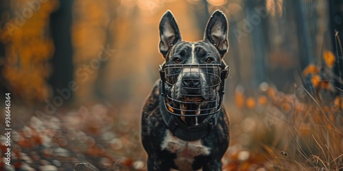 A muzzled bull terrier taking a stroll outside.