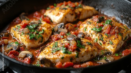 Grilled fish fillets with sauteed mushrooms and herbs in a skillet