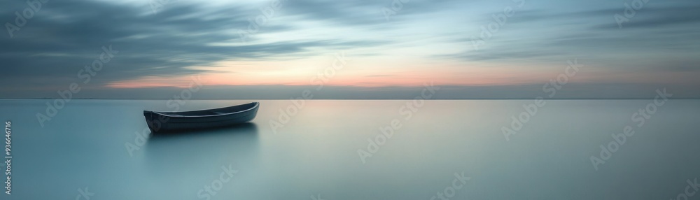 A Single Rowboat at Sunset on a Calm Lake A Single Rowboat at Sunset on a Calm Lake