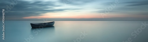 A Single Rowboat at Sunset on a Calm Lake