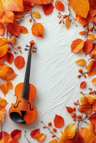 Colorful autumn landscape with paper art leaves and a spool on a pedestal