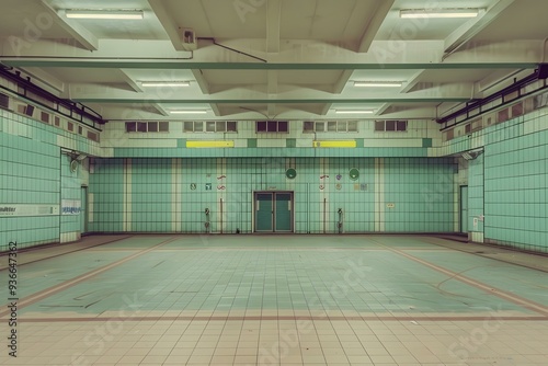Fototapeta Naklejka Na Ścianę i Meble -  Green Tiled Subway Station Interior with Exit Doors