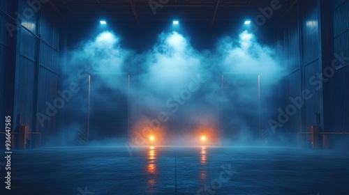 Mysterious warehouse with fog and dramatic lighting - generative ai