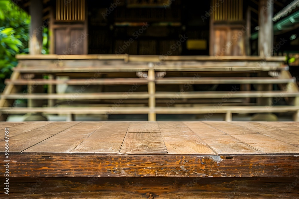Wooden Table In Front Of Blurred Japanese House Wooden Table In Front Of Blurred Japanese House