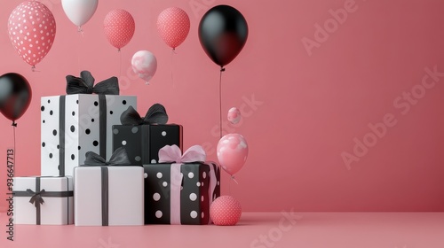 Pink-themed decorative display with whimsical trees and various bags during d...
