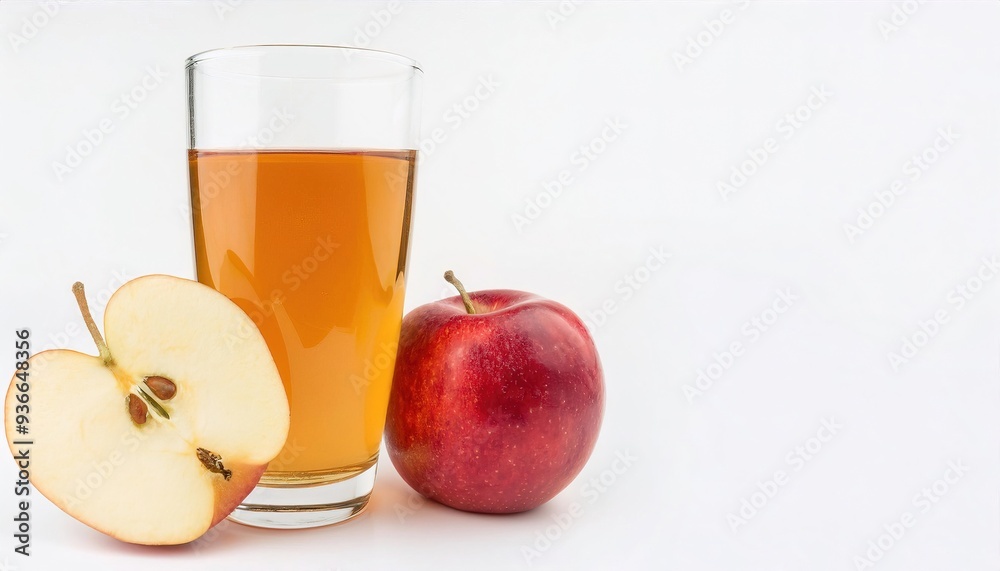 fresh home made apple juice squeezed in glass with red apples. Made from a personal juicer extractor or machine. Isolated on white background with copy space fresh home made apple juice squeezed in glass with red apples. Made from a personal juicer extractor or machine. Isolated on white background with copy space